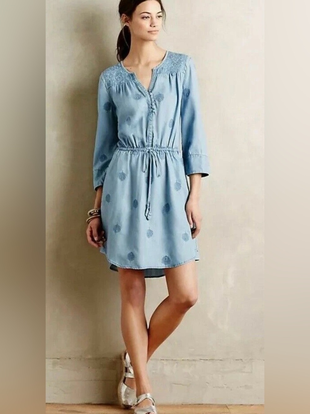Anthropologie Holding Horses Embroidered Chambray Denim Dress M Western Boho